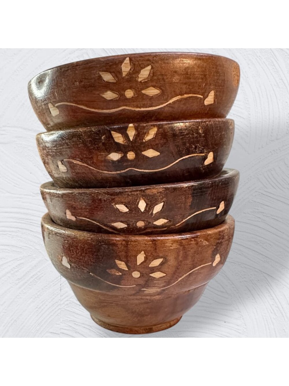 Sheesham Hand-Crafted Wooden Bowls With Matching Spoons - Set Of 4 With Floral I